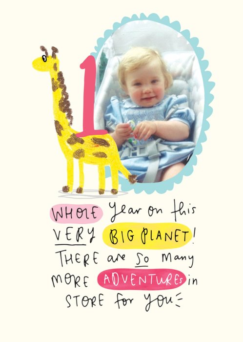 Giraffe First Birthday Photo Upload Card