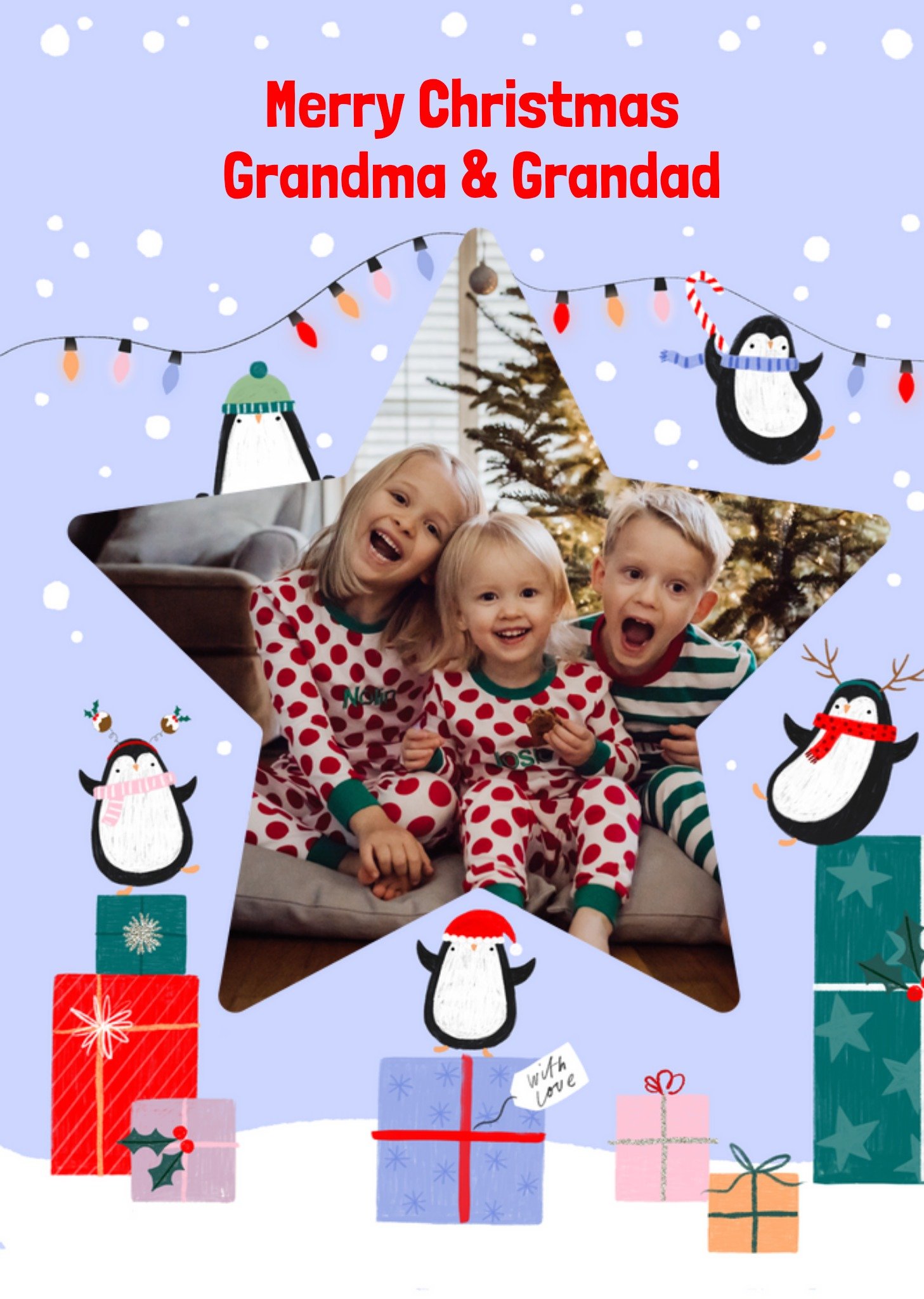 Moonpig Penguins And Presents Photo Upload Christmas Card, Large