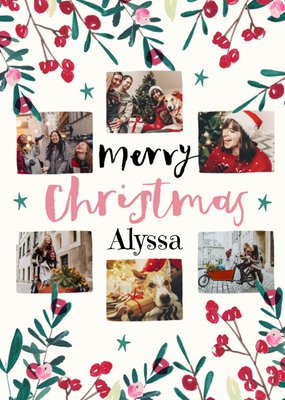 Festive Joyful Watercolour Illustrated Holly Photo Upload Christmas Card