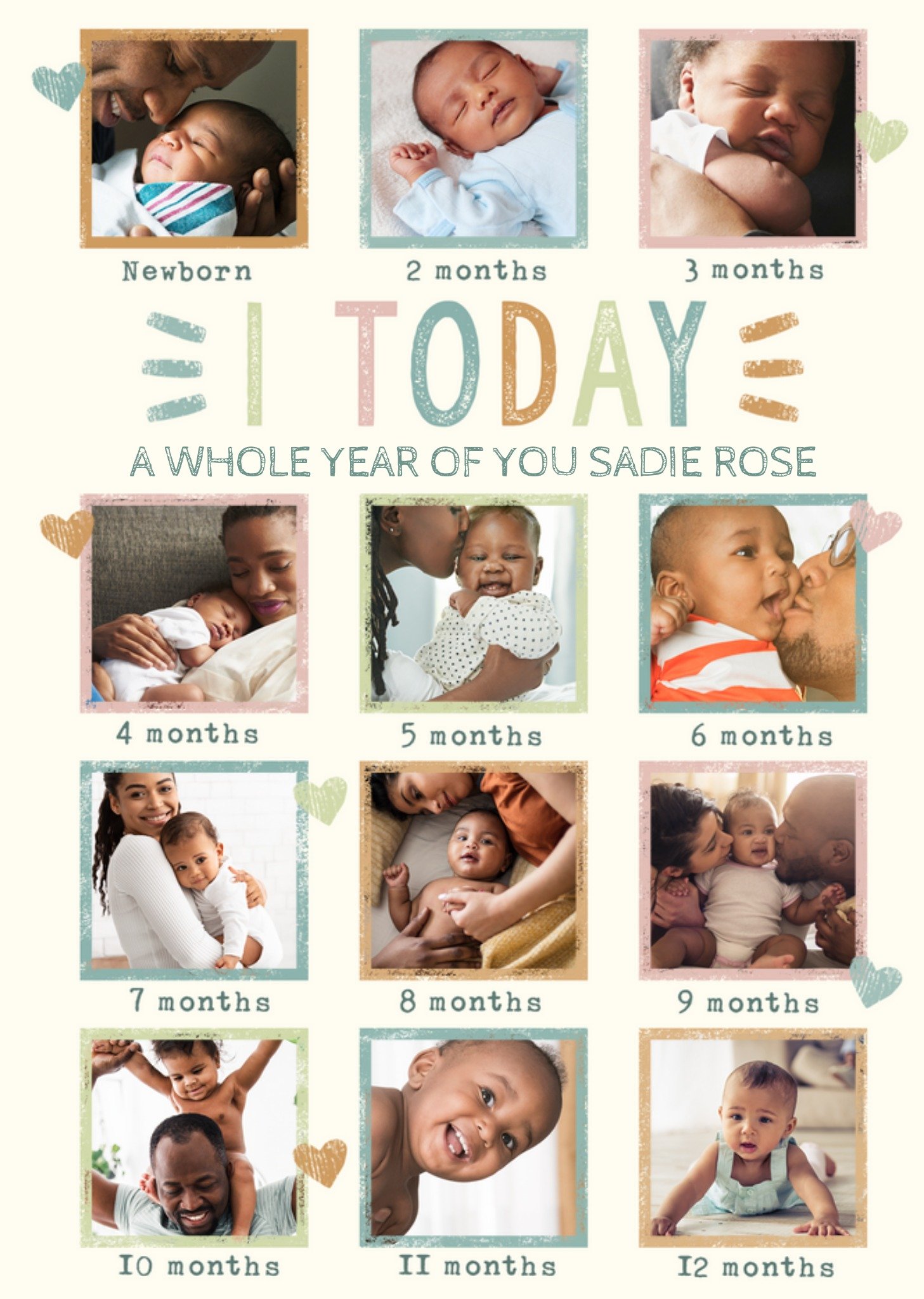 Moonpig A Whole Year Of You 12 Colourful Photo Upload Frames 1st Birthday Card For Baby, Large