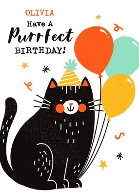 Bright Illustration Of A Party Cat. Have a Purrfect Birthday Card