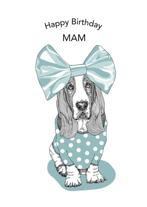 Cute Blue Basset Hound Dog Illustrated Birthday Card