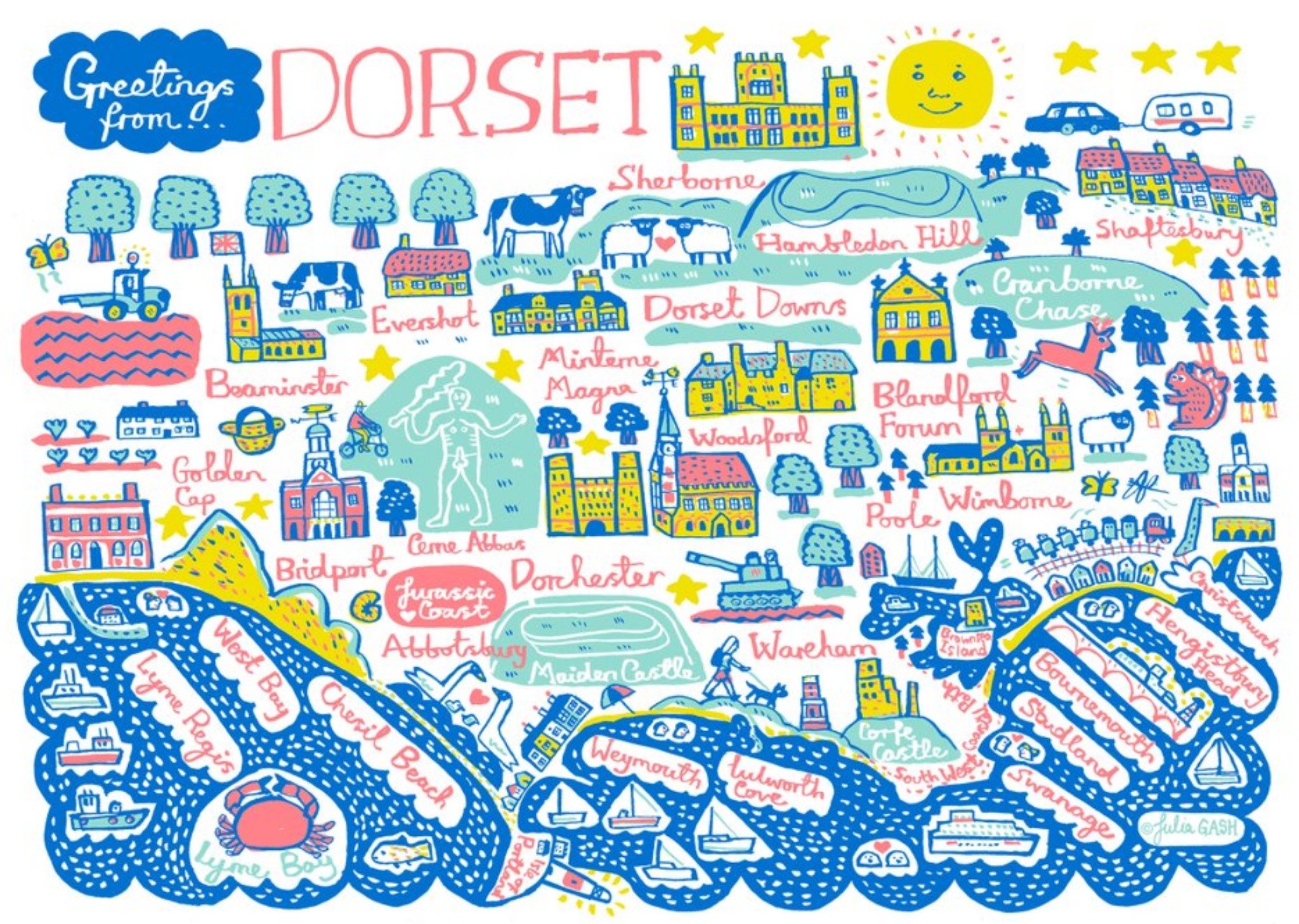 Illustrated Greetings From Dorset Map Card Ecard