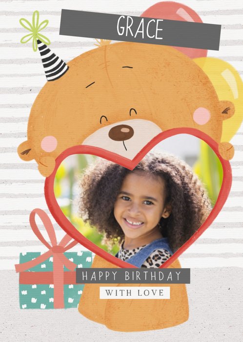 Cute Uddle Bear Holding Heart Photo Frame Birthday Card