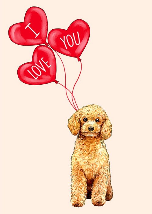 Poppy and Mabel Illustration Of A Cockapoo And Loveheart Balloons. I Love You Card