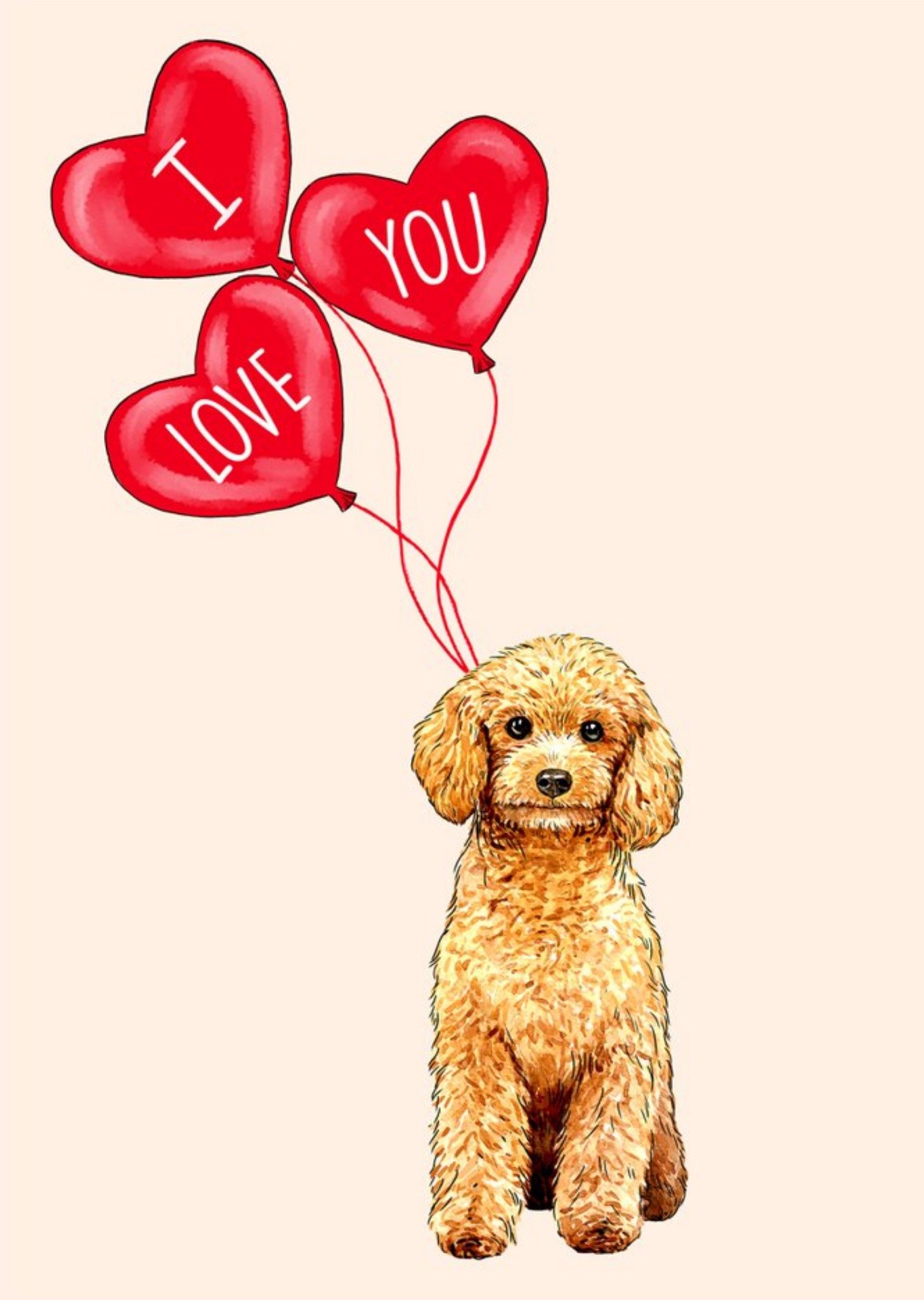 Poppy And Mabel Illustration Of A Cockapoo And Loveheart Balloons. I Love You Card Ecard