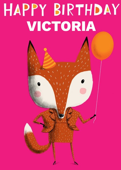 Illustration Of A Fox Wearing A Party Hat And Holding A Balloon Birthday Card