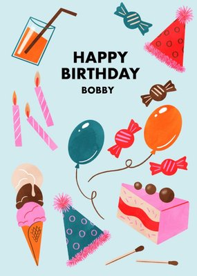 Conor Merriman Illustrated Sweets Cake Balloons Birthdays Kids Card