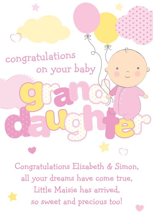 Pink And Yellow Congratulations On Your Baby Granddaughter Personalised Card