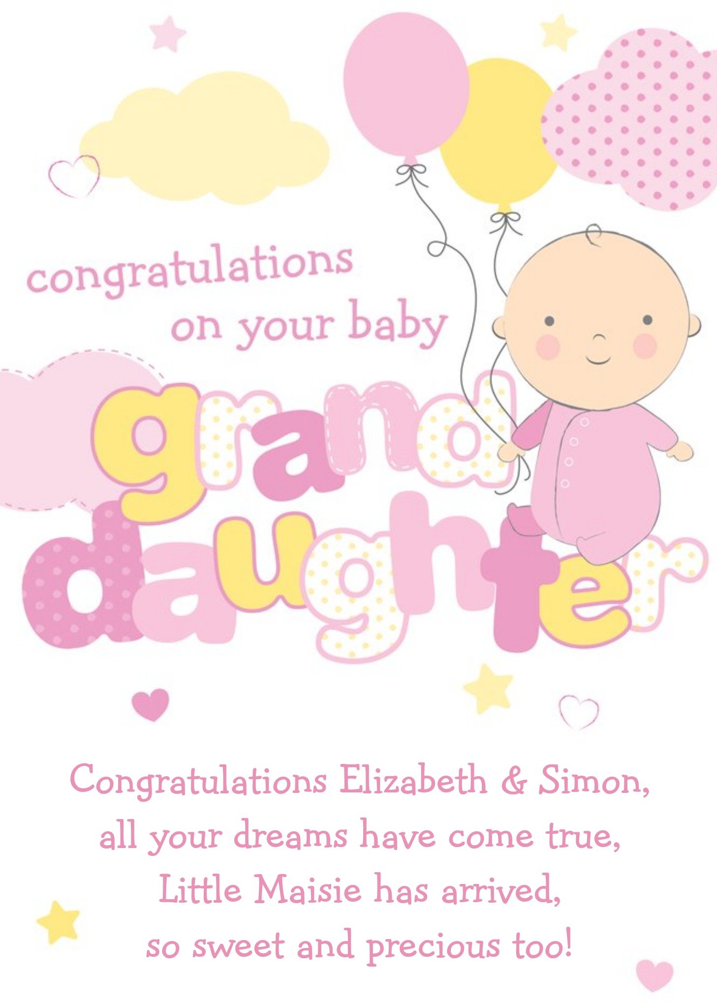 Pink And Yellow Congratulations On Your Baby Granddaughter Personalised Card Ecard