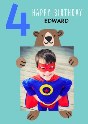 Cute Simple Illustration Of A Bear Happy 4th Birthday Photo Upload Card
