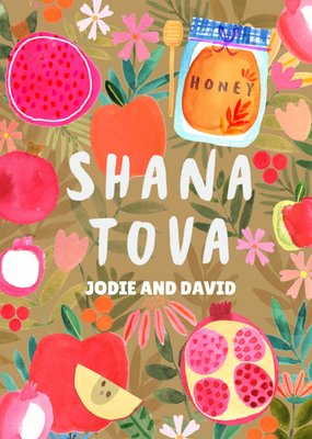 Colourful Honey and Fruit Illustrated Shana Tova Rosh Hashanah Yom Kippur Sweet Happy New Year Card