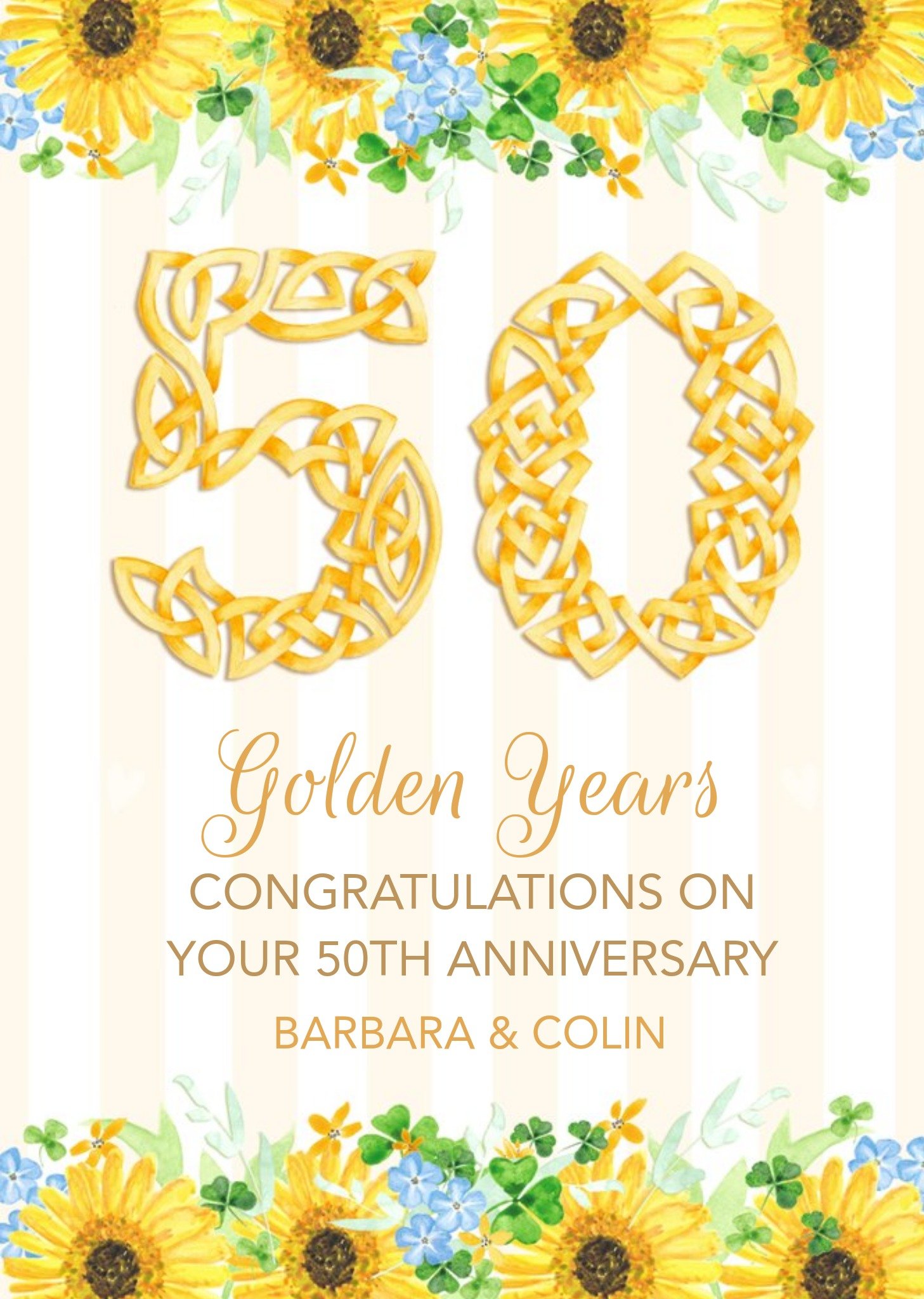 Illustration Of Sunflowers And Shamrocks Fiftieth Golden Years Anniversary Card Ecard