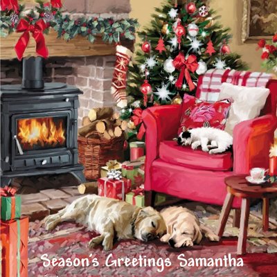 Pets By The Fire Personalised Square Christmas Card
