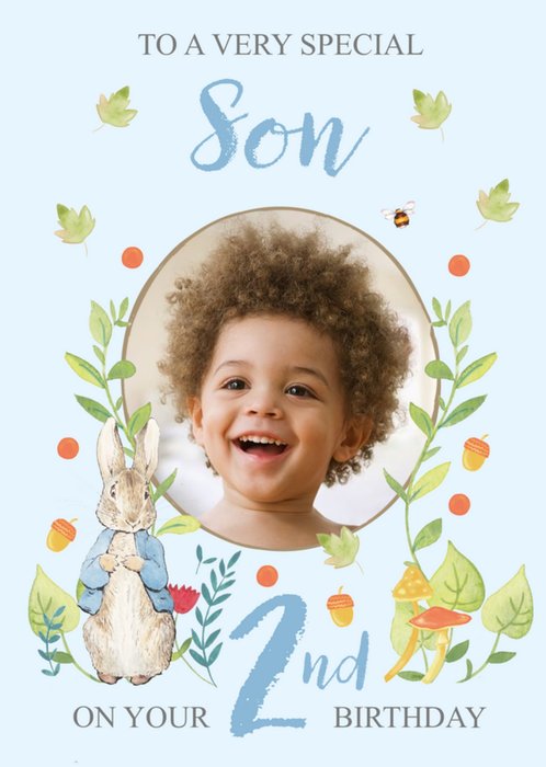 Peter Rabbit Very Special Son Floral 2nd Birthday Photo Upload Card