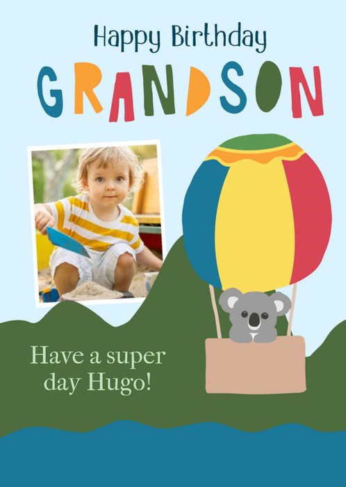 Koala Riding A Hot Air Balloon Happy Birthday Grandson Photo Upload Card