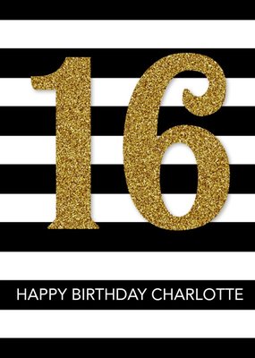 Black And White Stripes Personalised Happy 16th Birthday Card