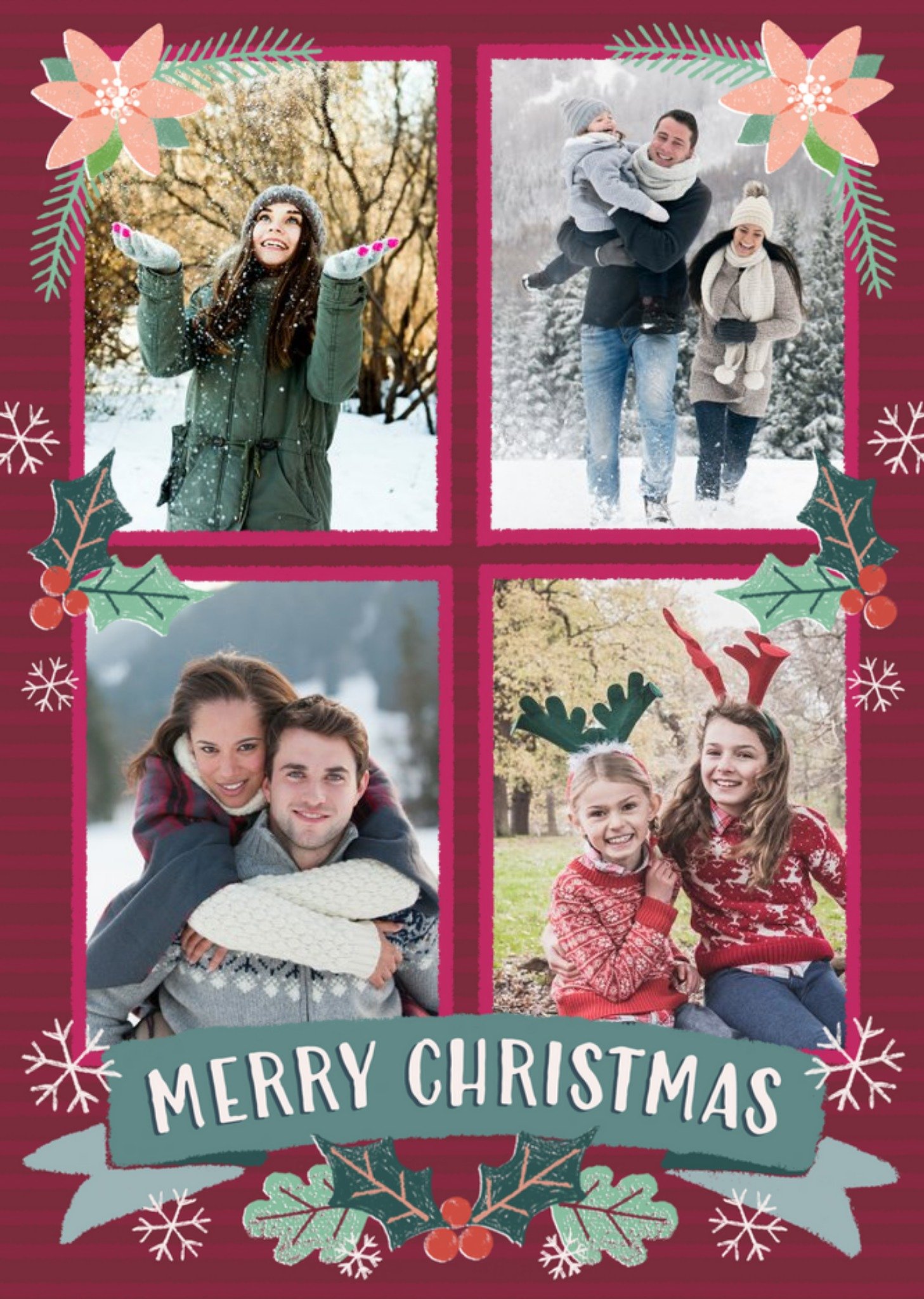 Merry Christmas Burgundy 4 Photo Upload Card Ecard