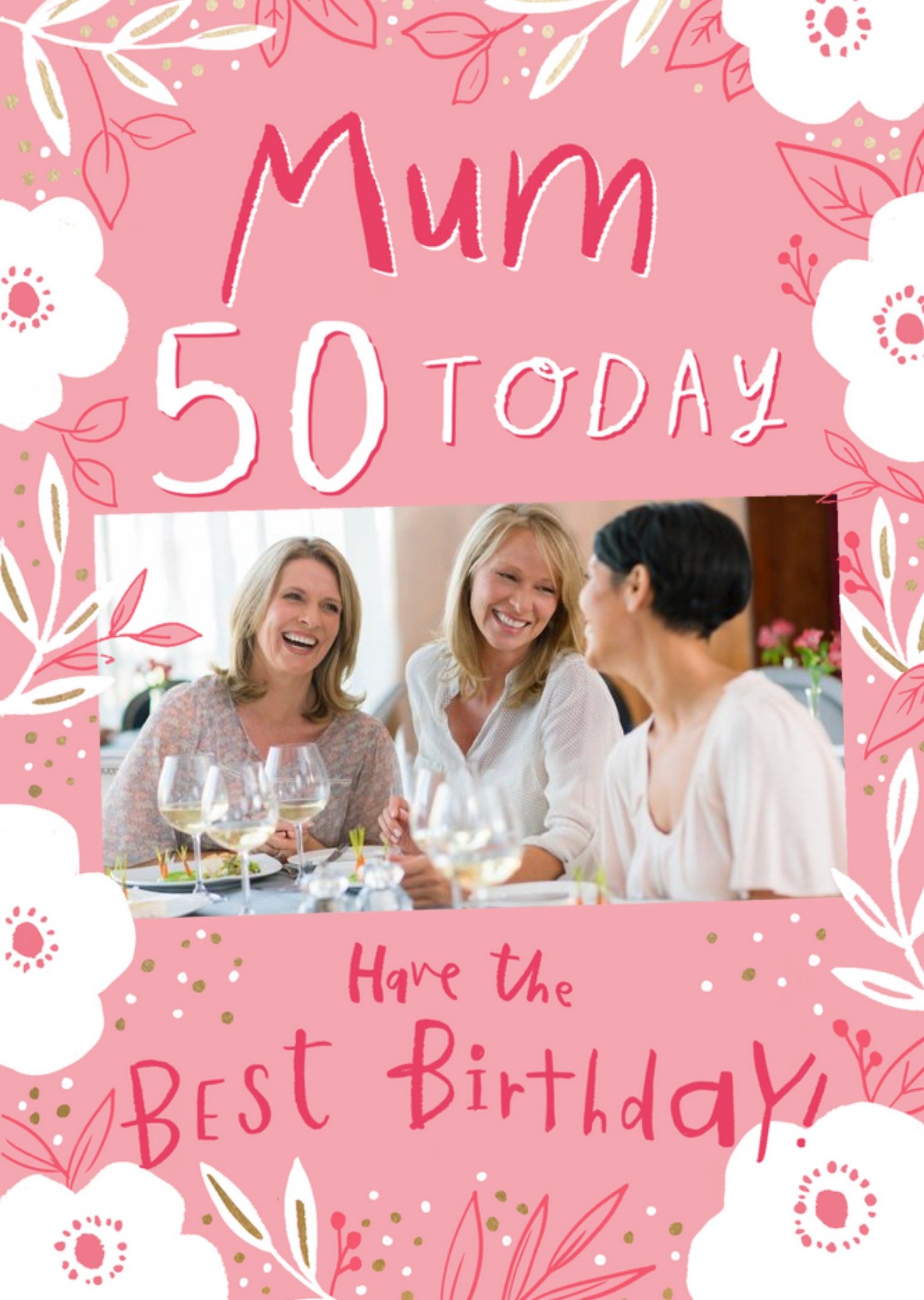 Moonpig Photo Upload Pink Floral Mum 50th Birthday Card , Large