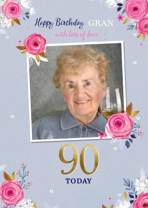 Illustrated Roses and White Flowers Happy Birthday Gran 90 Today Birthday Card