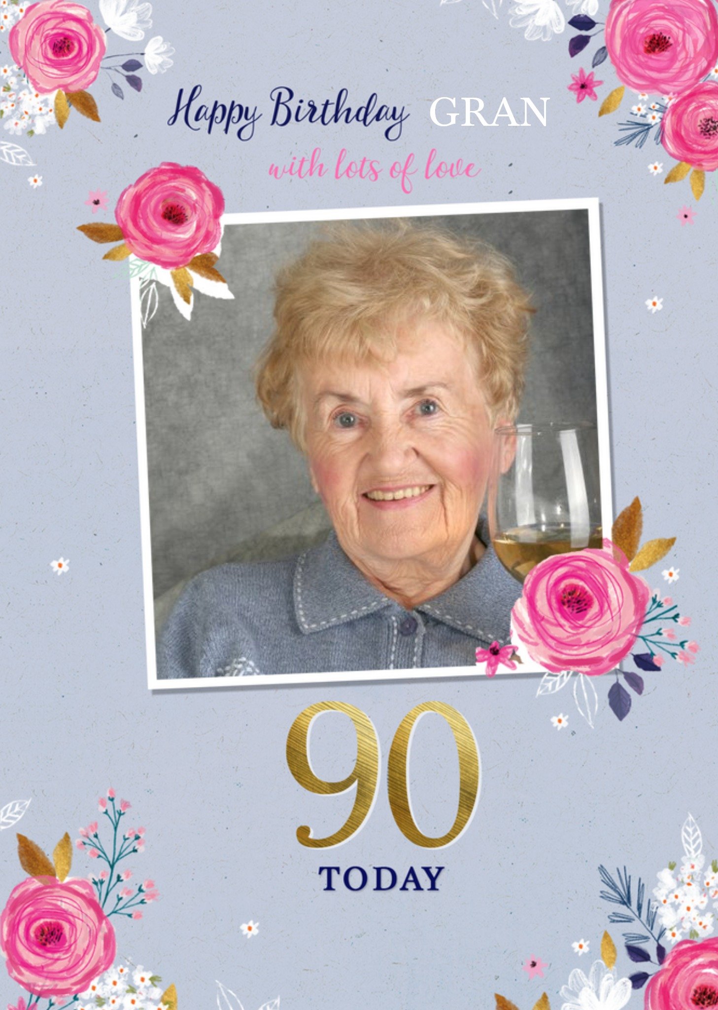 Illustrated Roses And White Flowers Happy Birthday Gran 90 Today Birthday Card