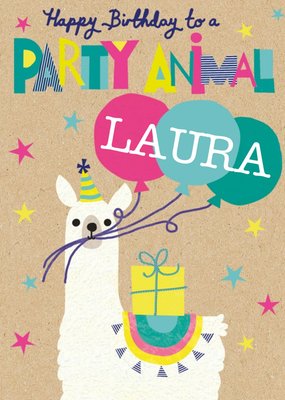 Vibrant Illustration Of A Llama With Balloons Surrounded By Stars Party Animal Birthday Card