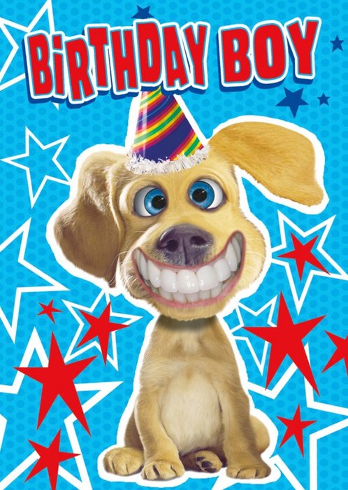 Funny Cartoon Illustration Of A Dog Smiling Surrounded By Stars Birthday Boy Card