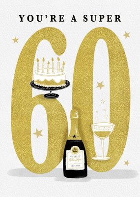 Large Golden Number With Illustrations Of Cake And Wine 60th Birthday Card