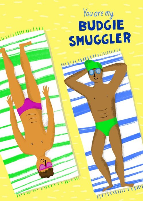 Vibrant Illustration Of Two Men Sunbathing On The Beach Budgie Smuggler Card