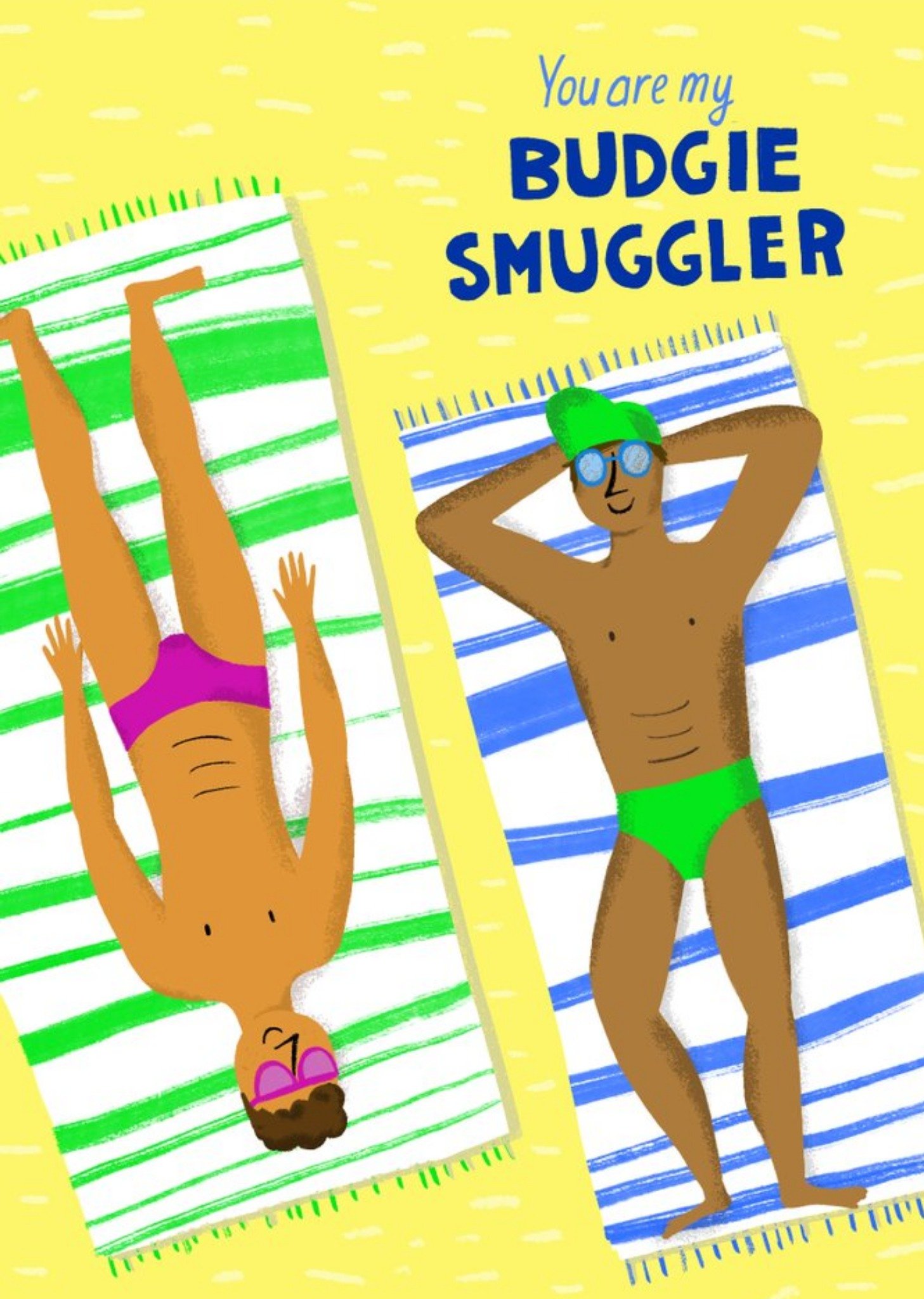 Vibrant Illustration Of Two Men Sunbathing On The Beach Budgie Smuggler Card Ecard