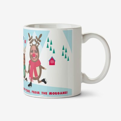 Happy Cartoon Ice Skating Reindeer Family Photo Upload Christmas Mug