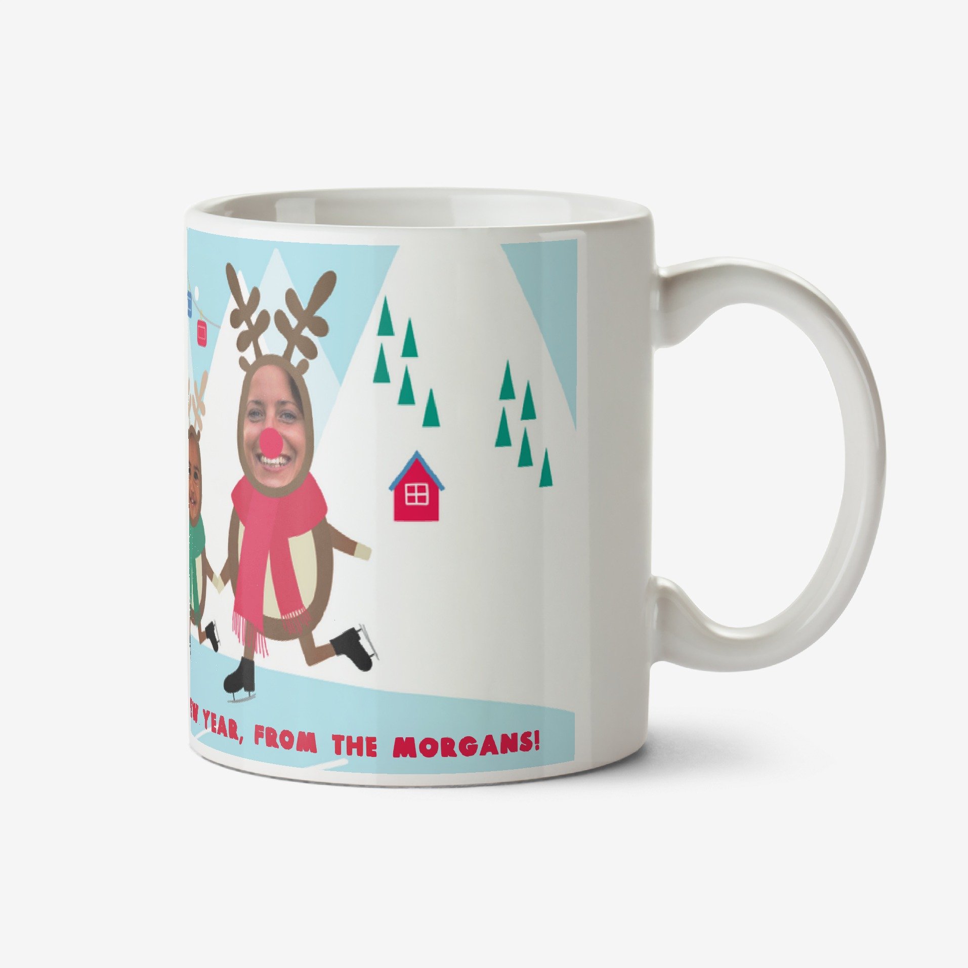 Moonpig Happy Cartoon Ice Skating Reindeer Family Photo Upload Christmas Mug Ceramic Mug