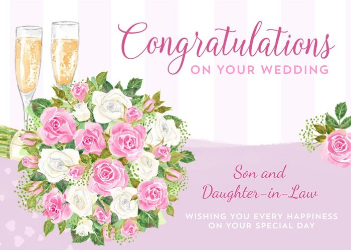 Illustrated Wedding Bouquet and Champagne Customisable Wedding Congratulations Card