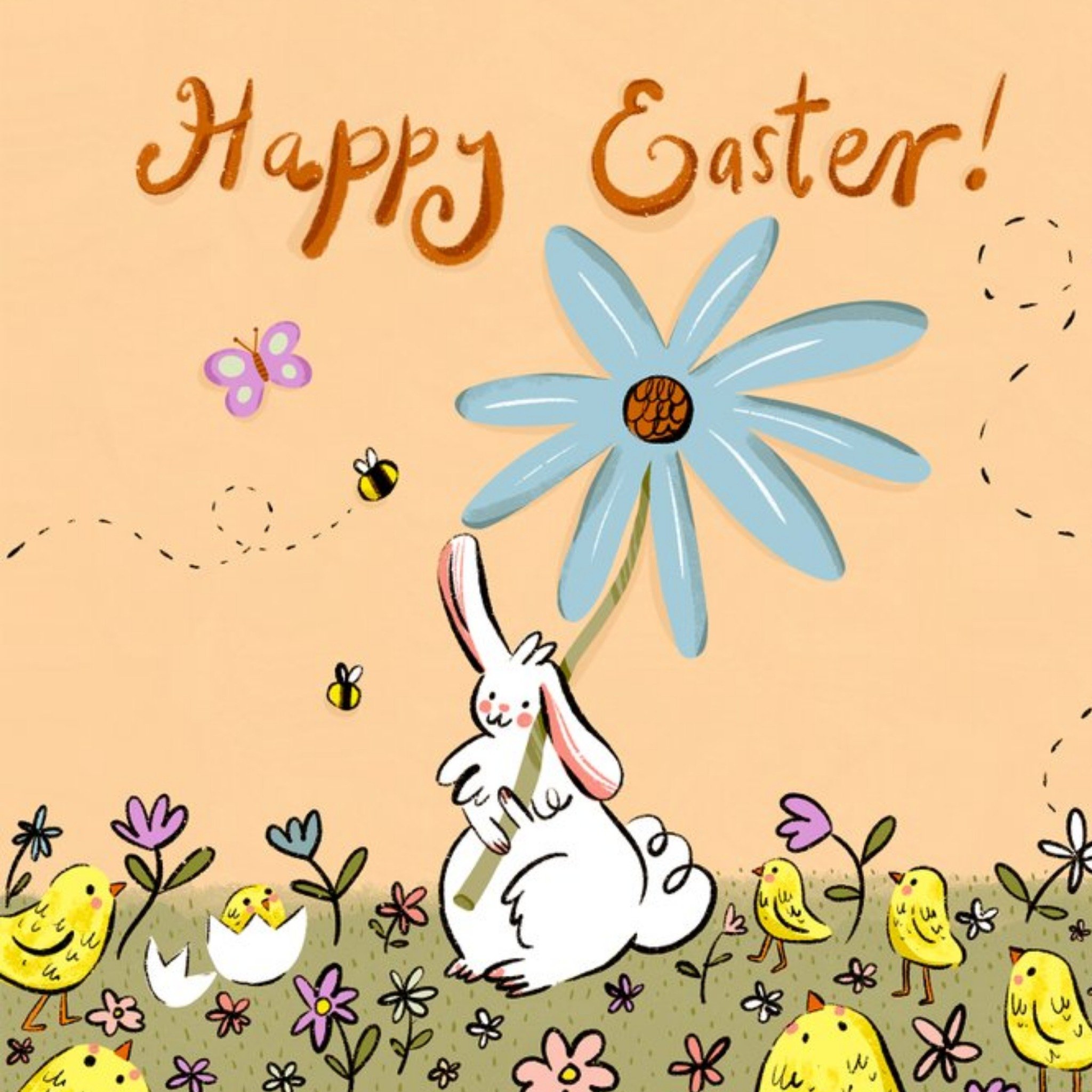 Cute Illustration Of A White Rabbit Holding A Giant Flower Surrounded By Little Chicks Easter Card, Square