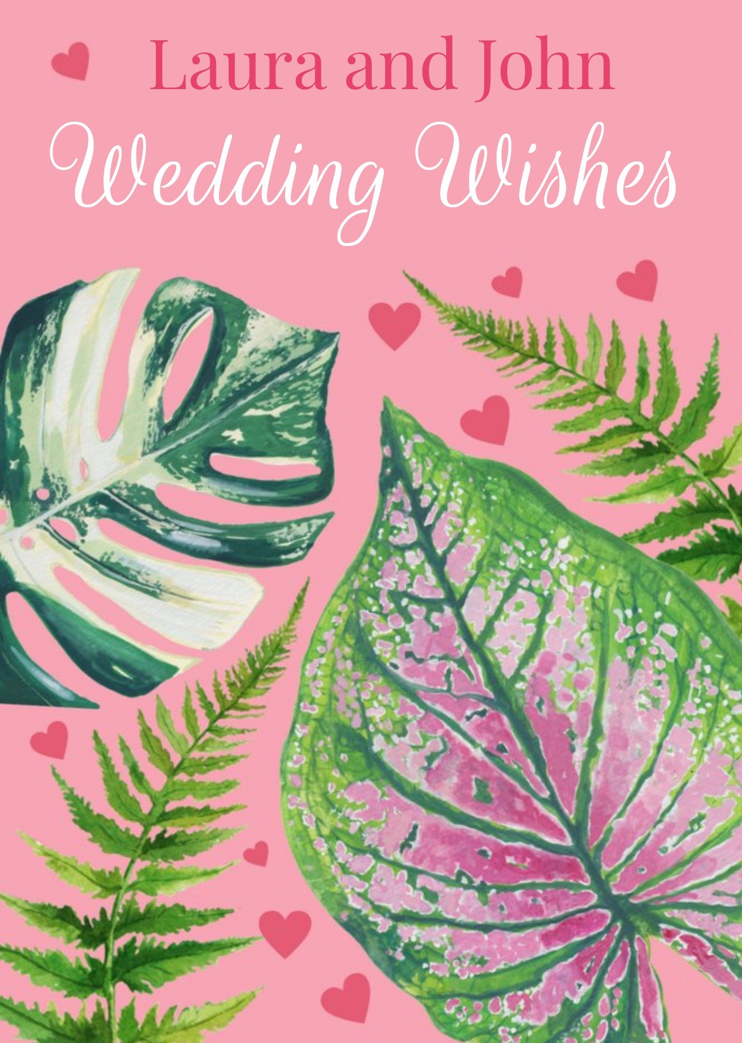 Monstera And Fern Leaves Illustration Personalised Wedding Card Ecard