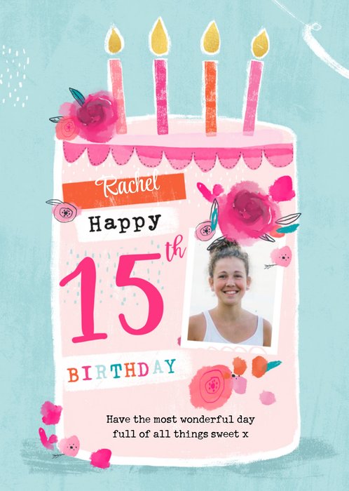 Cute Modern Birthday Card Happy 15th Birthday Photo Upload