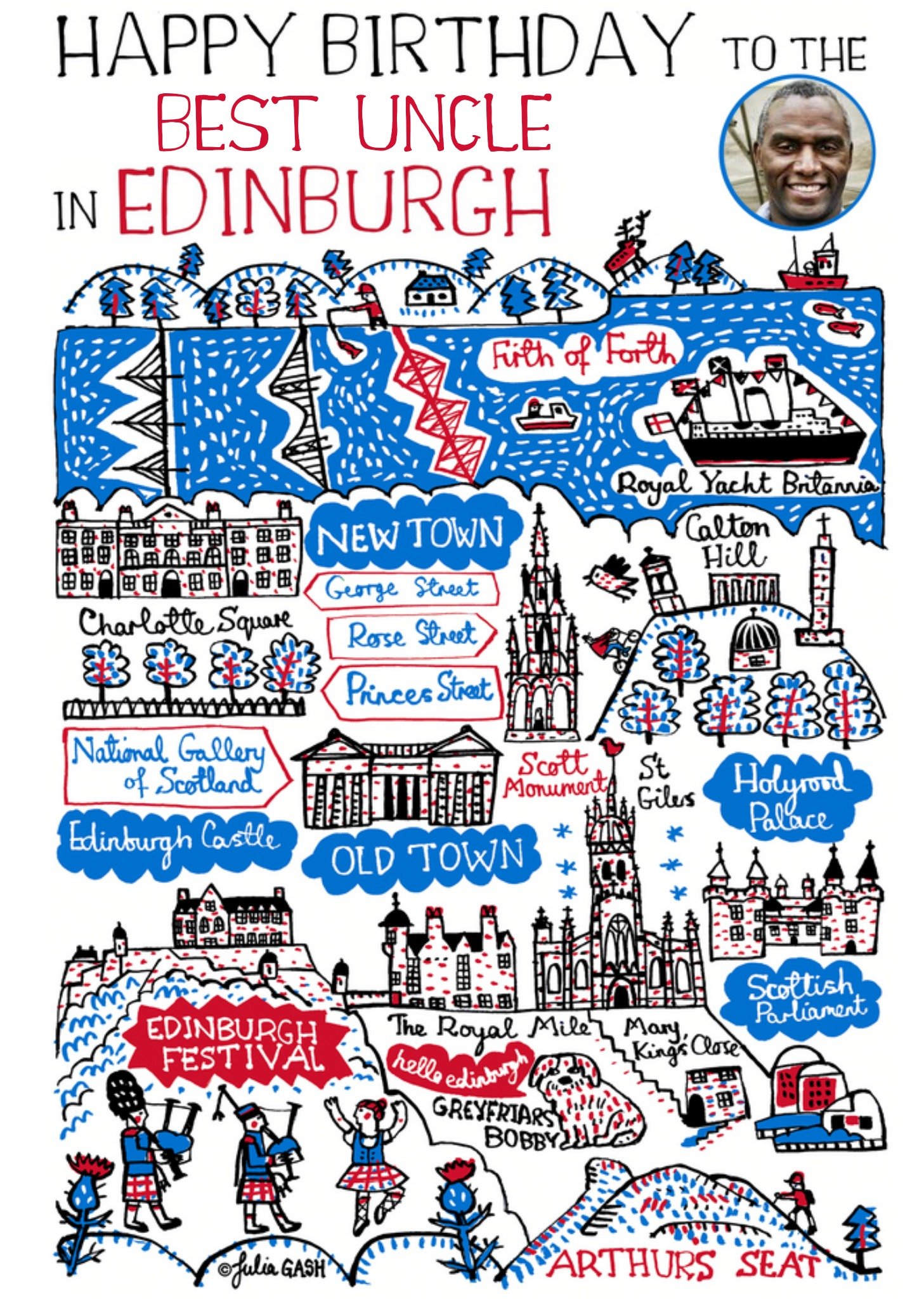 Moonpig Vibrant Collage Illustration Of Edinburgh Photo Upload Birthday Card Ecard