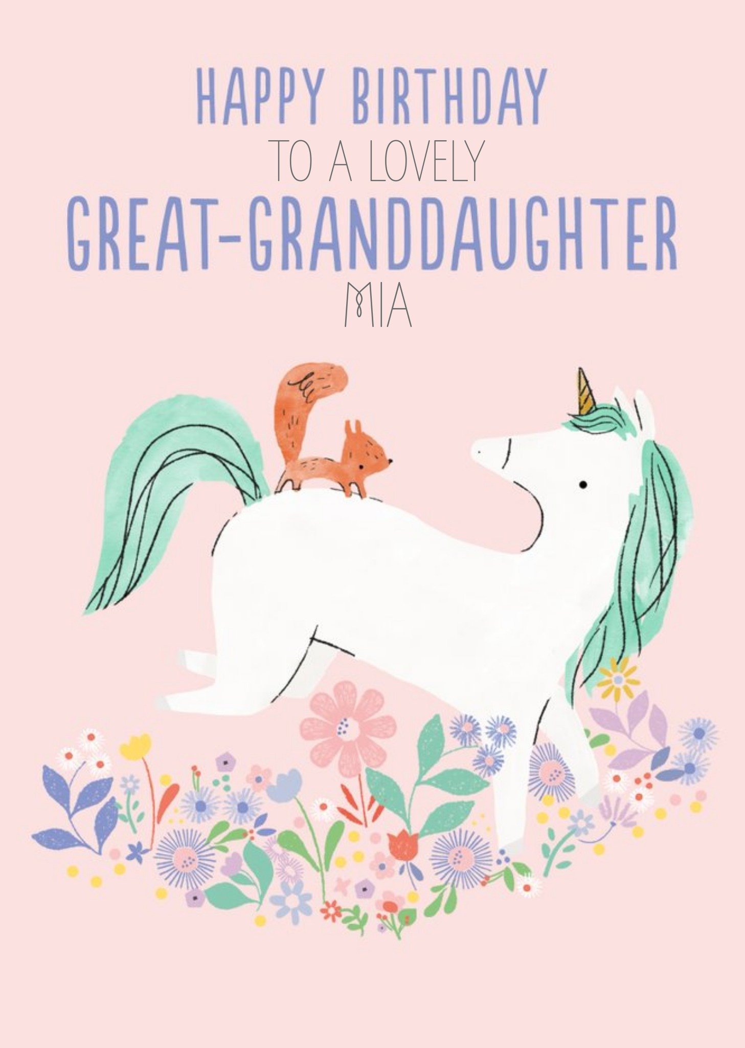 Moonpig Cute Illustrative Unicorn And Squirrel Great-Granddaughter Birthday Card Ecard