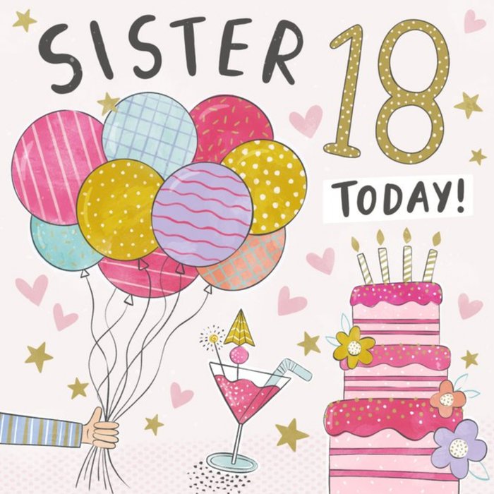 Fun Cute Illustration Sister 18 Today Birthday Card