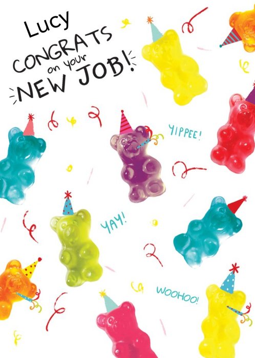 Cololurful Gummy Bears On A White Background New Job Congratulations Card