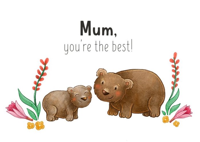 Cute Illustration Of Two Wombats Surrounded By Flowers Mother's Day Card