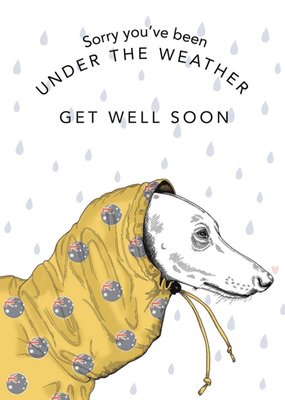 Dotty Dog Art Illustrated Dog in Rain Coat Get Well Soon Card