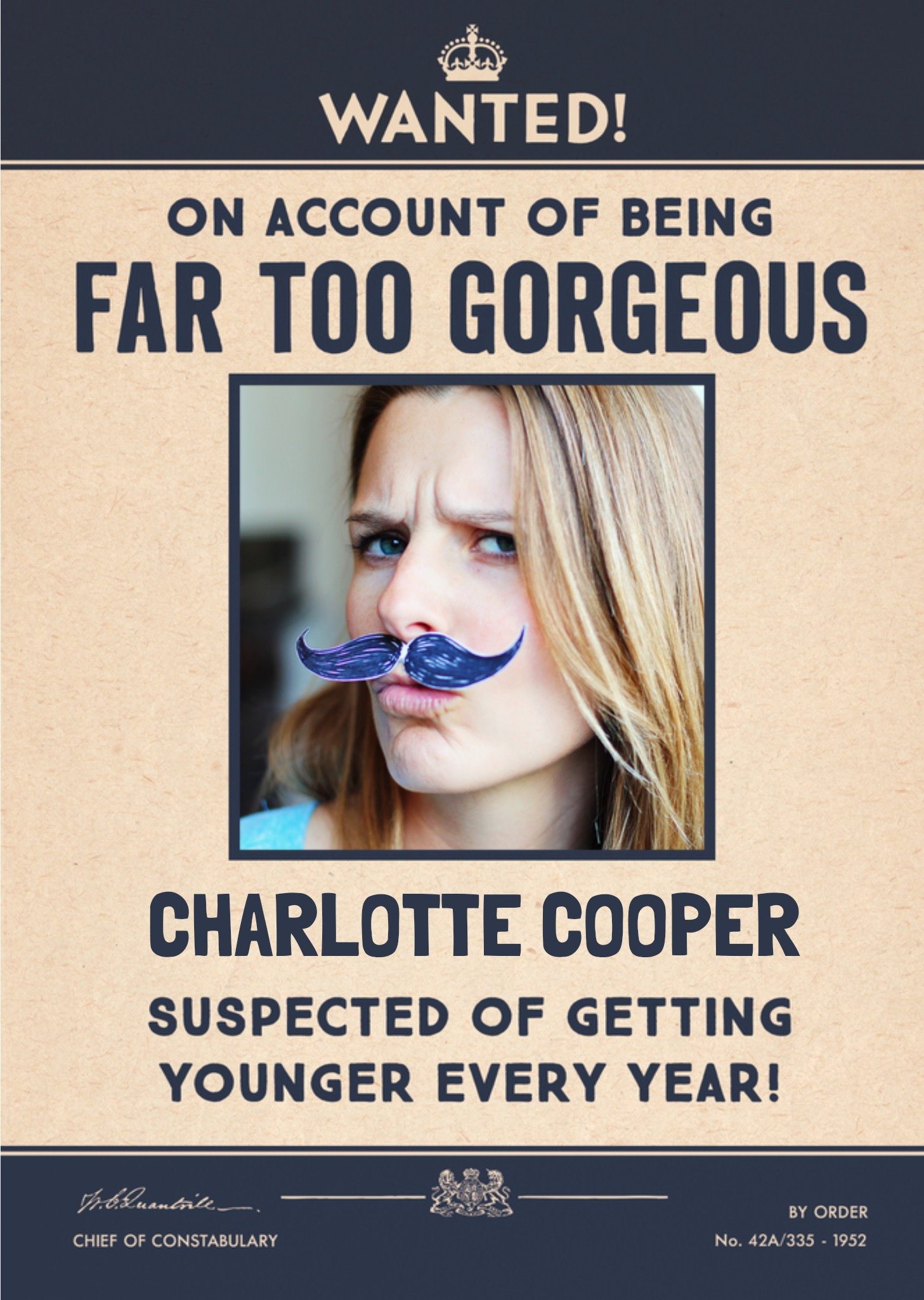 Wanted On The Account Of Being Far Too Gorgeous Photo Upload Birthday Card Ecard