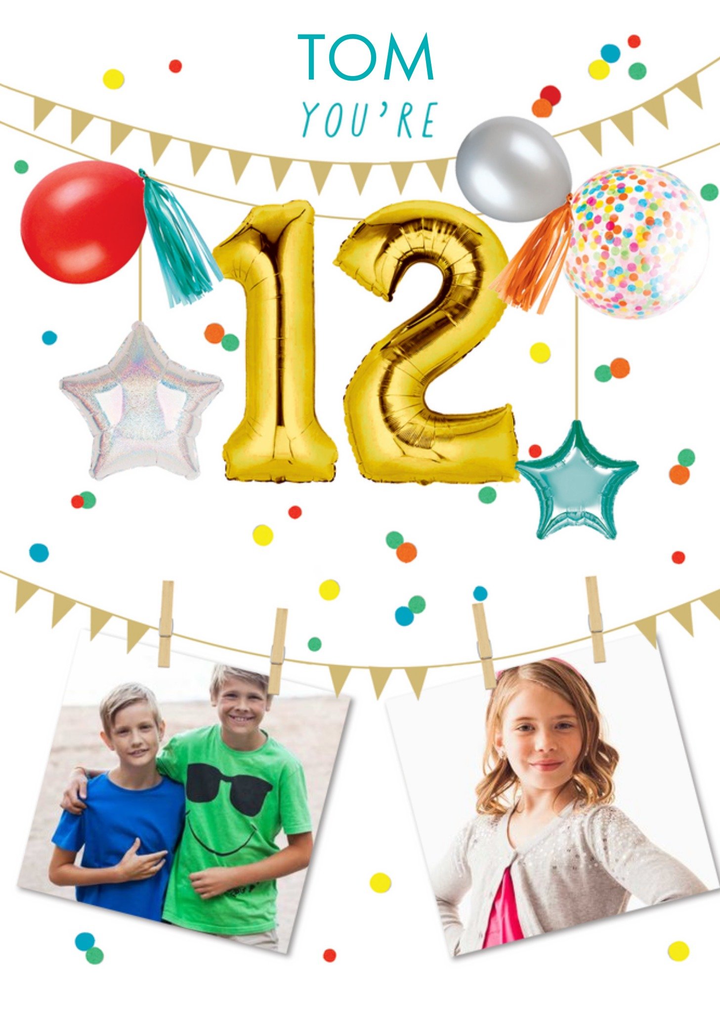 Party Themed Display Of Balloons With Two Photo Uploads Twelfth Birthday Card Ecard