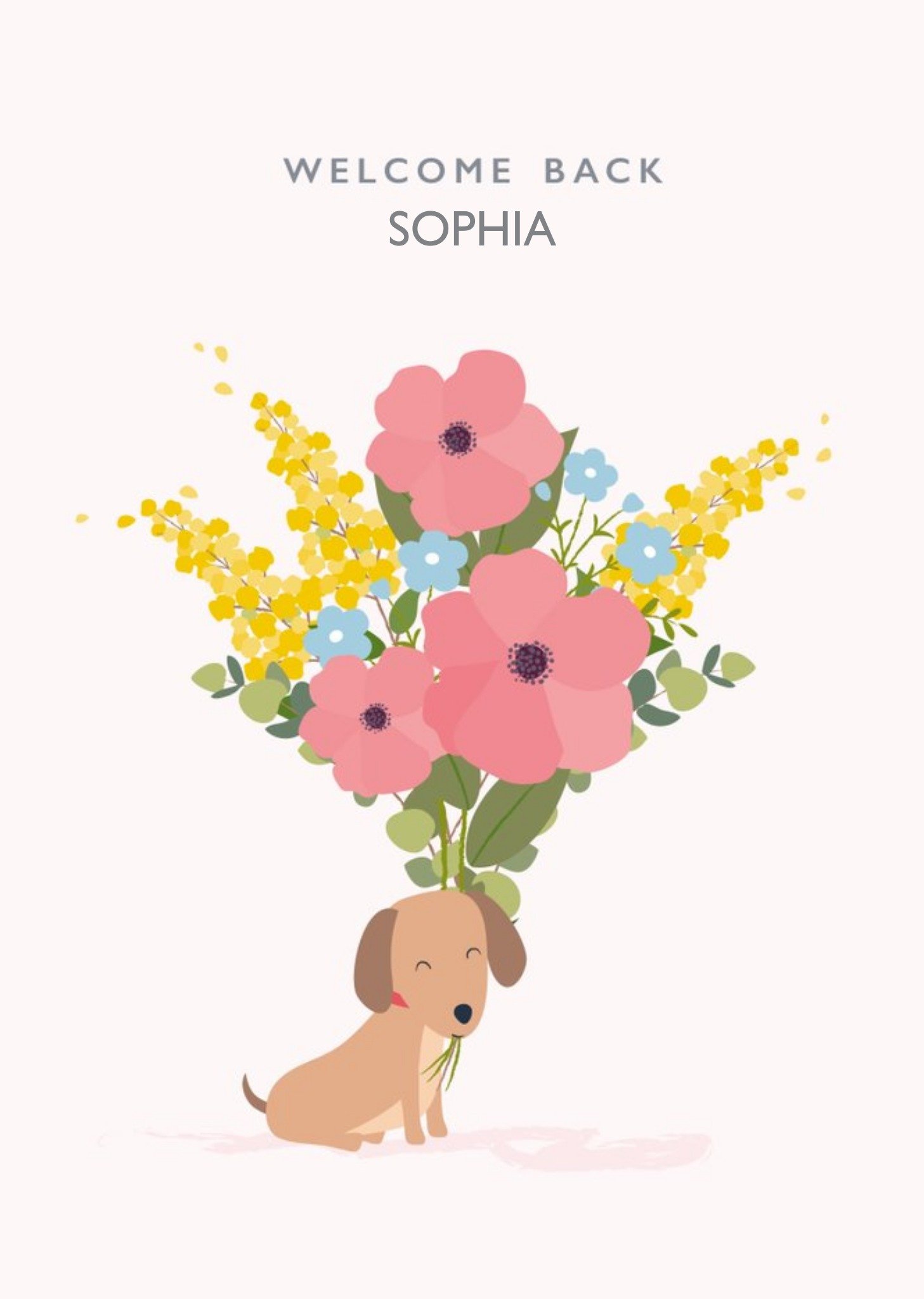 Cute Dog With A Flower Bouquet Personalised Welcome Back Card Ecard