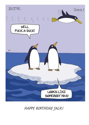 Cartoon Happy Penguins Funny Caption Personalised Happy Birthday Card