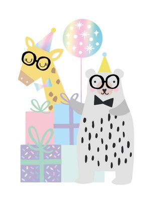 Cute Bear And Giraffe In Party Hats With Balloons Card
