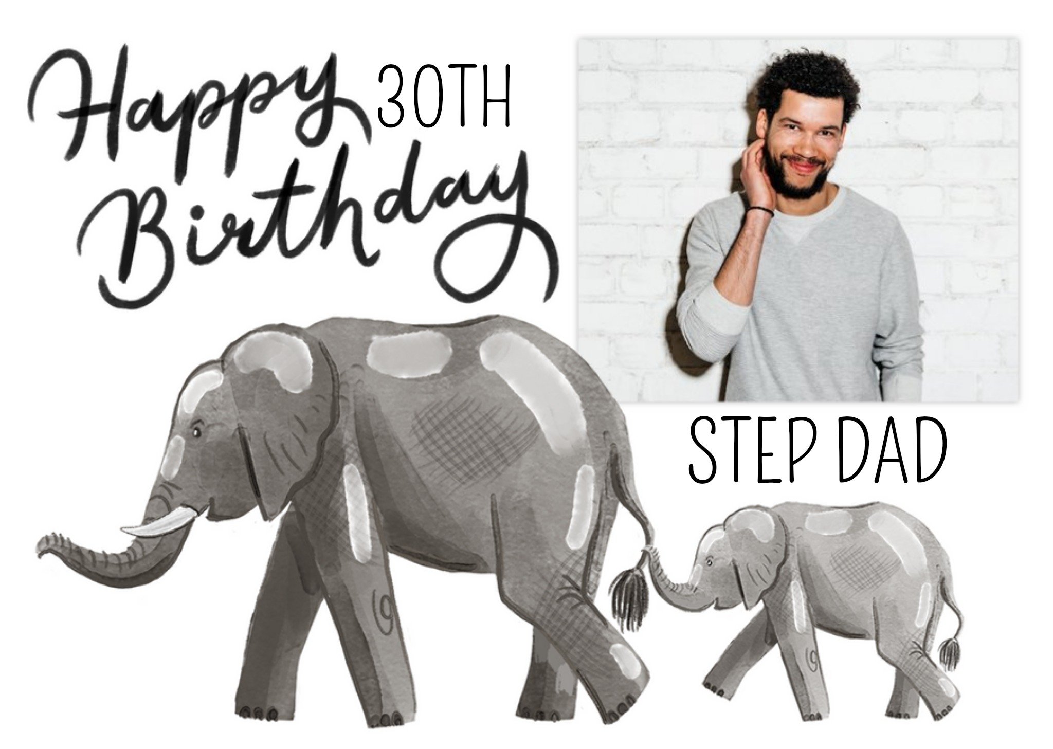 Okey Dokey Design Okey Dokey Illustrated Elephants Step Dad 30th Birthday Photo Upload Card, Large
