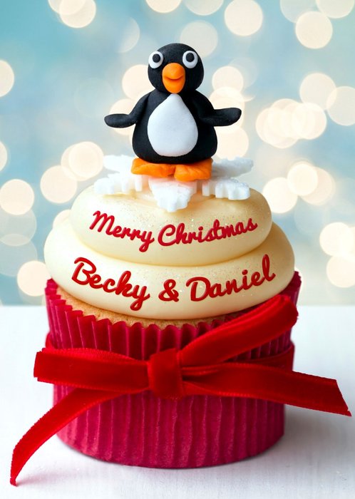 Personalised Christmas Card - Penguin On A Cupcake Card