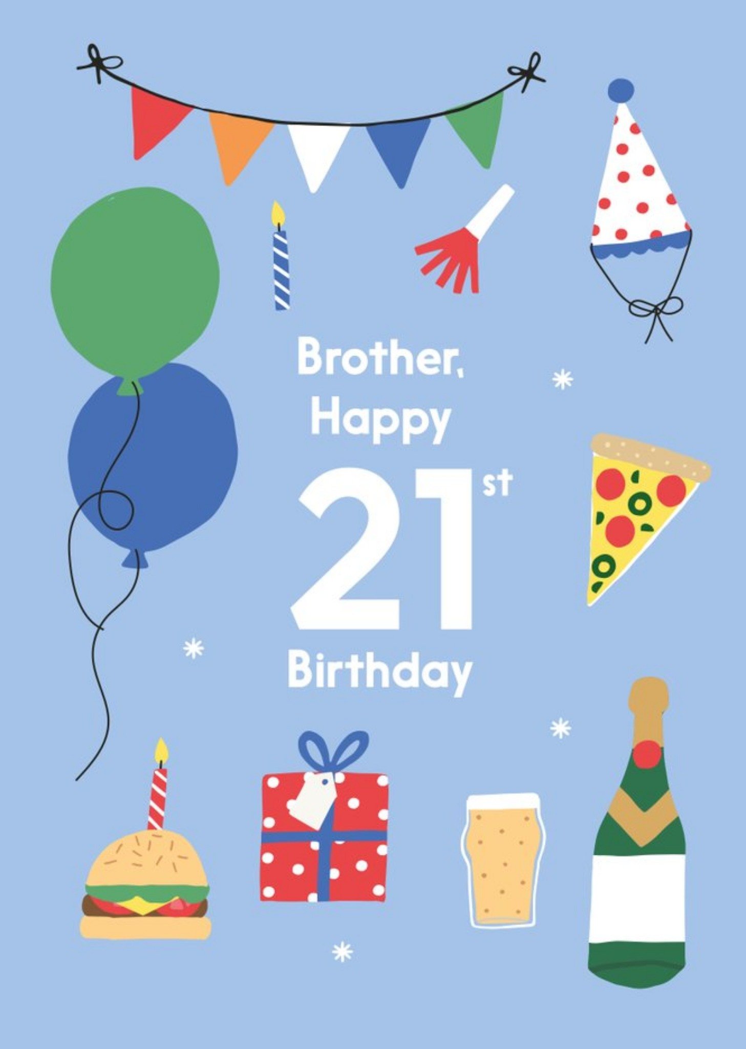 Illustrated Cute Party Balloons Brother Happy 21st Birthday Card Ecard